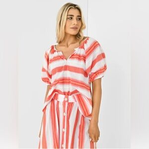 Never A Wallflower Gathered V-Neck Blouse Small Pink Orange Stripe Puff Sleeve‎